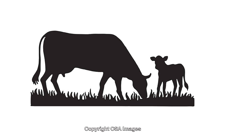 Silhouette Illustration of a Cow and Calf Grazing in a Pasture