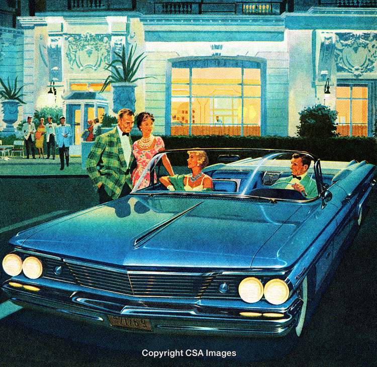 Vintage Evening Scene with People, Luxury Car, and Elegant Architecture
