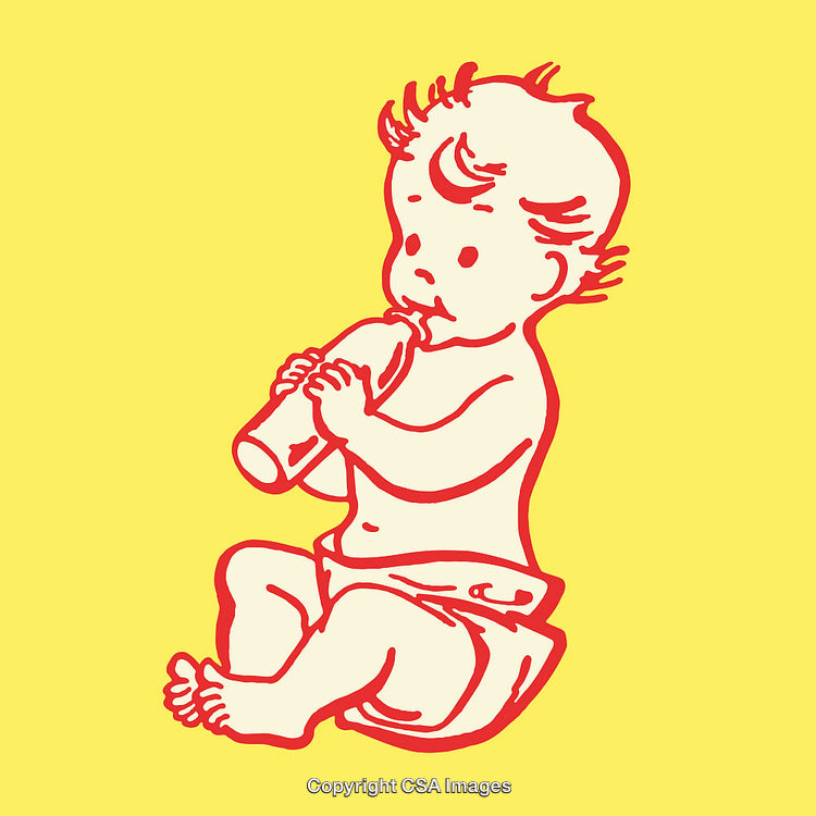 Illustrated Baby Holding Milk Bottle on Yellow Background in Red Line Art
