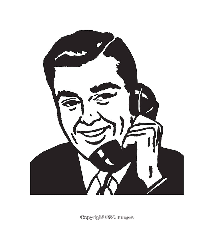 Retro Style Line Art Illustration of a Smiling Man on a Telephone