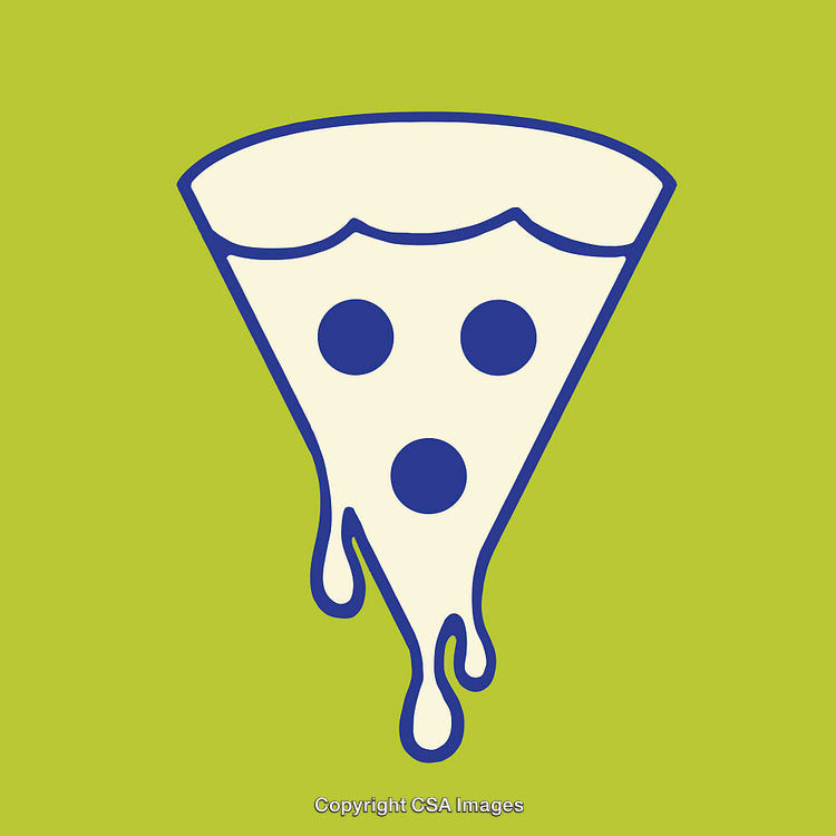 Abstract Cartoon Pizza Slice Icon With Melting Cheese on Green Background