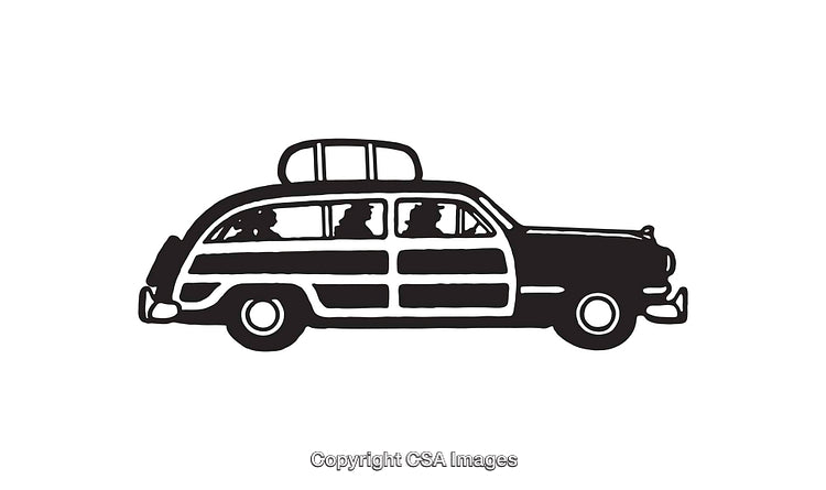 Vintage Silhouette of a Car with Luggage on Top and Passengers