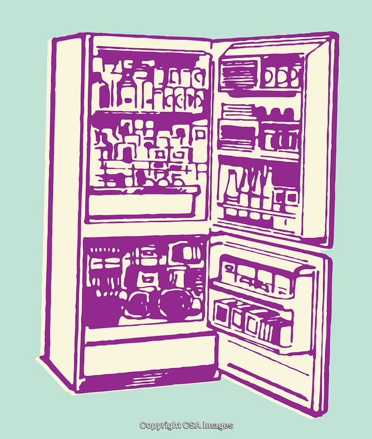 Illustration of an Open Fully Stocked Refrigerator in a Minimalistic Style
