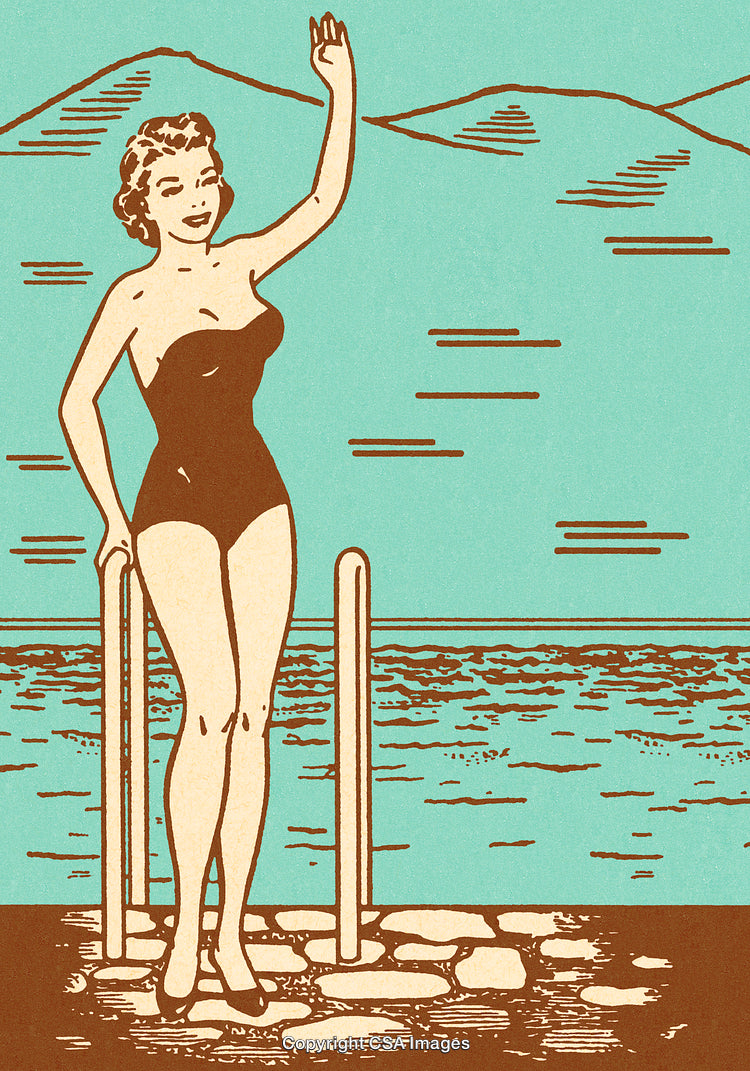 Vintage Illustration of a Woman in Swimsuit by the Waterfront
