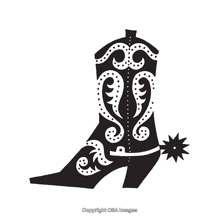 Elegant Western Boot Illustration Featuring Ornate Patterns and Spurs