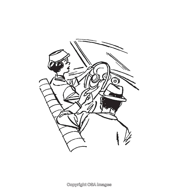 Vintage Line Art Illustration of Driver and Passenger in a Vehicle
