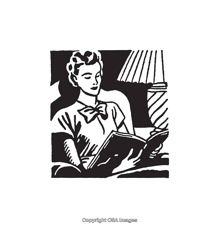 Vintage Black And White Illustration of a Woman Reading a Book