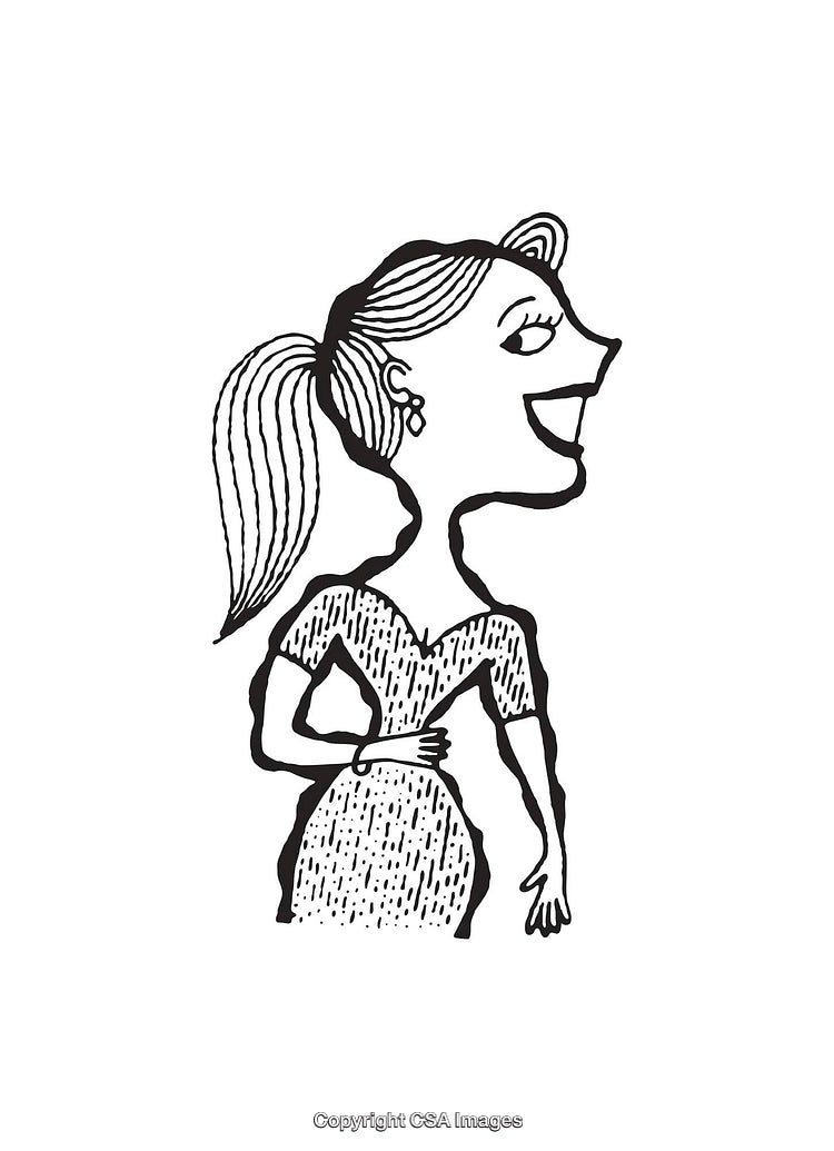 Black and White Line Art of a Smiling Woman in a Dress
