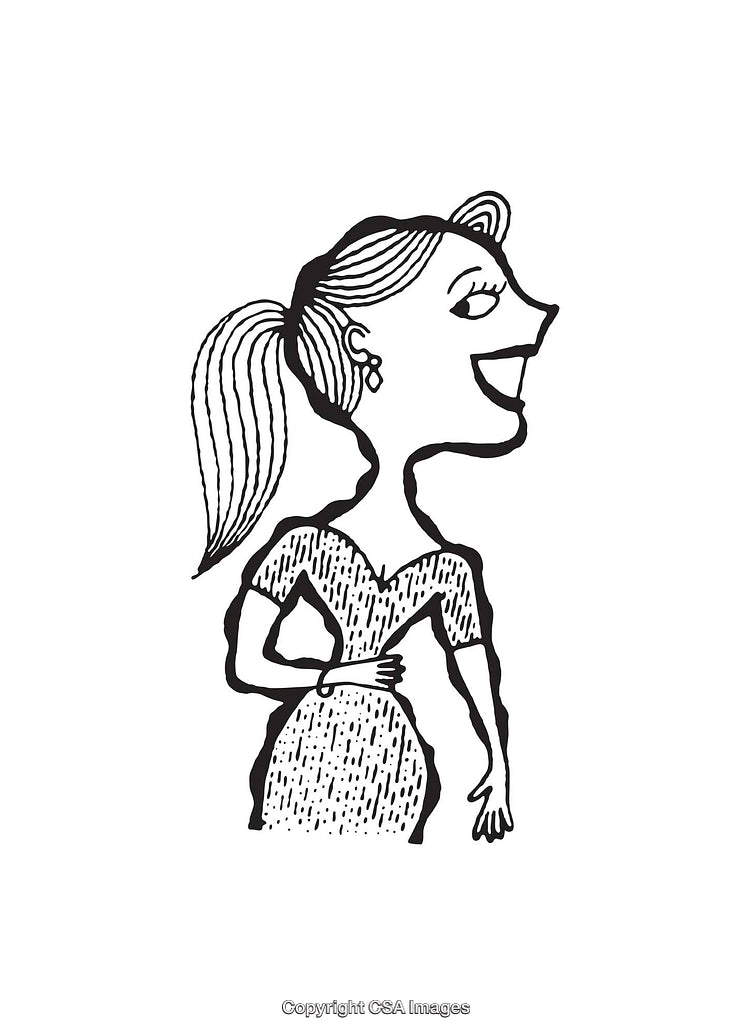 Black and White Line Art of a Smiling Woman in a Dress