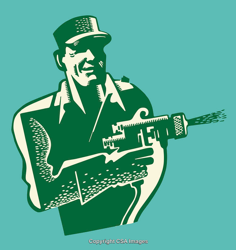 Vintage Worker in Retro Style Operating an Industrial Tool