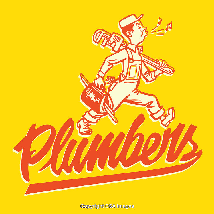 Retro Plumber Illustration with Tools on a Vibrant Yellow Background