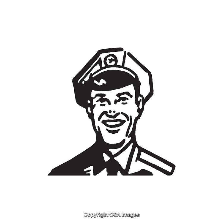 Retro Illustration of a Smiling Uniformed Officer in Black and White