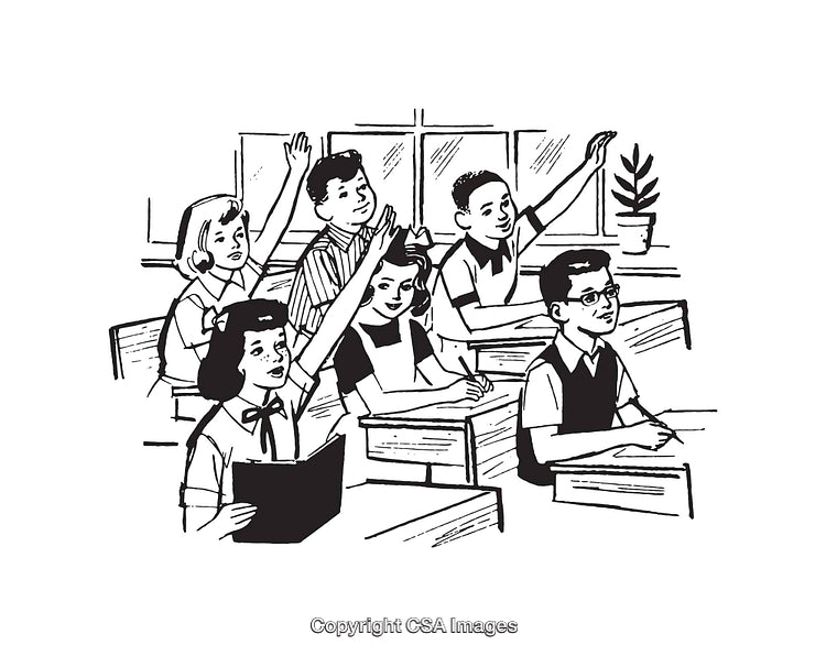 Black and White Illustration of Students Participating in a Classroom