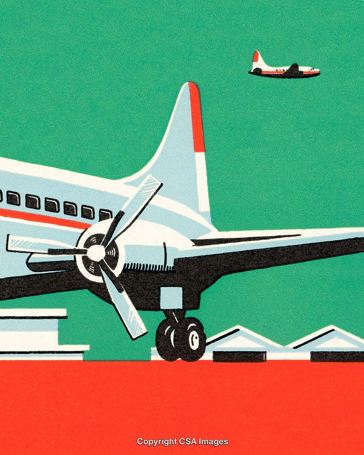 Retro Illustration of an Airplane at an Airport Against Colorful Background