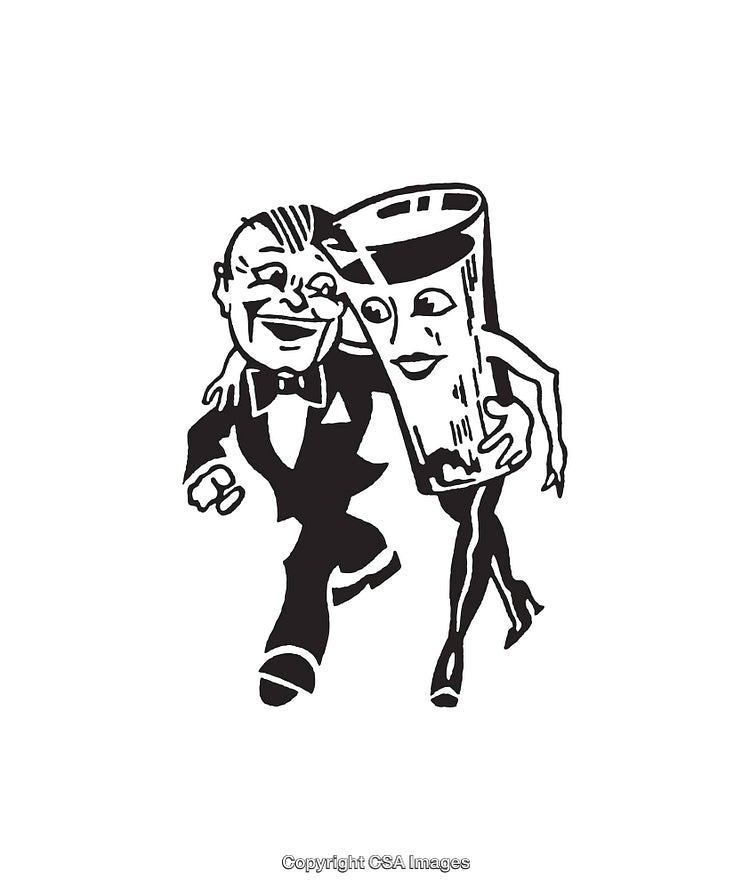 Black And White Line Art of a Man and a Walking Drink Glass