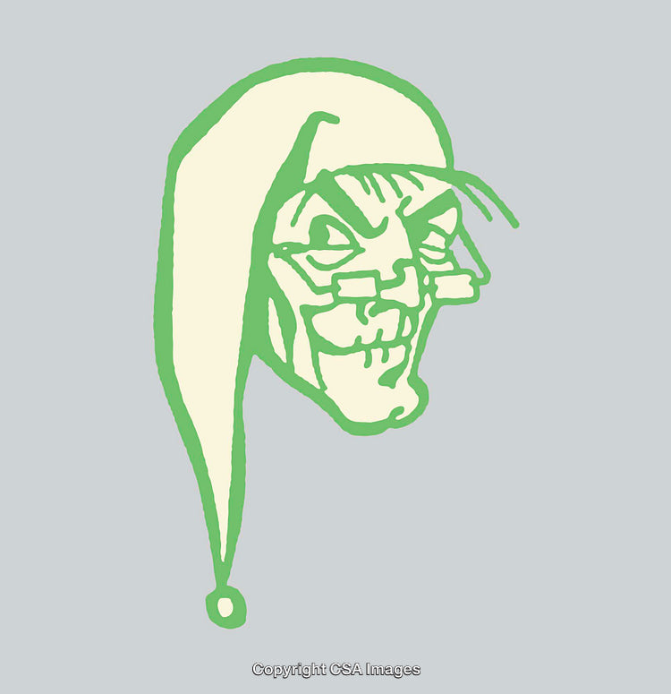Stylized Green and Cream Line Art of a Jester on Gray Background