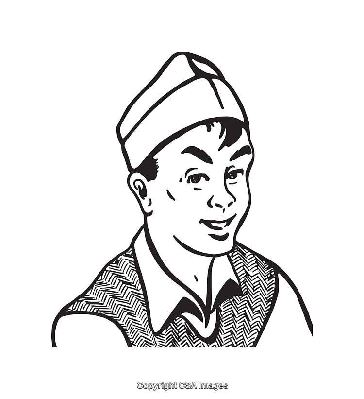 Retro Line Art Illustration of a Cheerful Man in Classic Attire