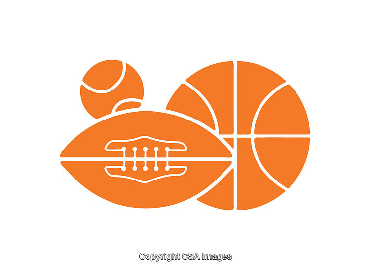 Orange Sports Equipment Icons Depicting Basketball, Football, and Tennis