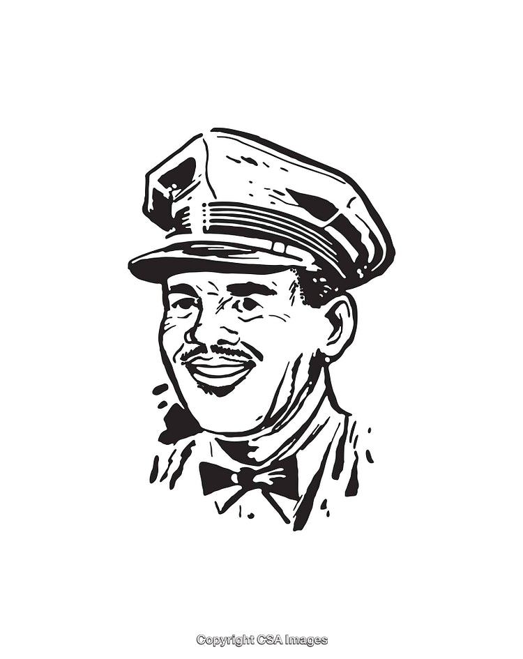 Vintage Black and White Sketch of Man Wearing a Service Cap and Bowtie