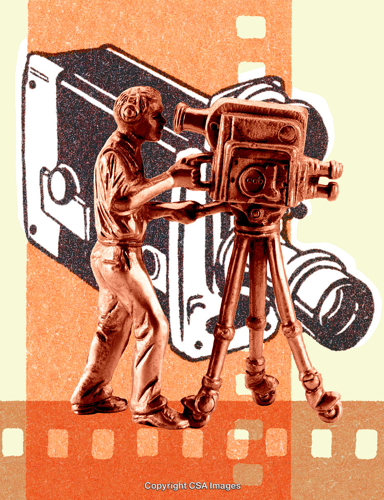 Vintage Film Camera With Figurine as Cinematic Art Illustration