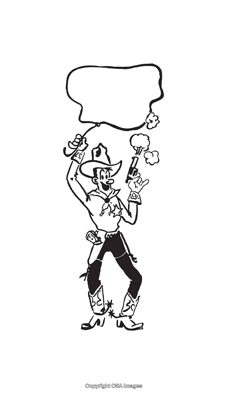 Cartoon Cowboy With Guns and Empty Speech Bubble Line Art Illustration