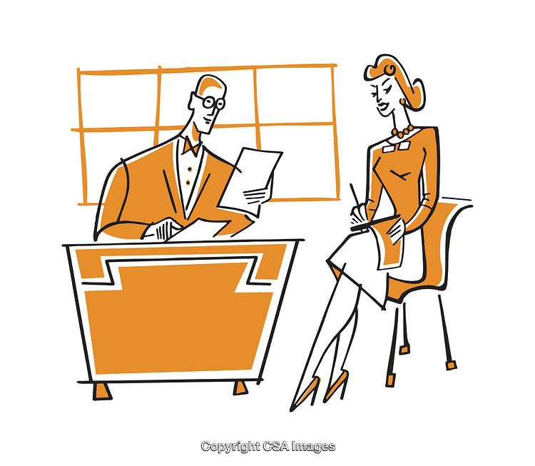 Illustration of Two Business Professionals in Office Setting Having a Conversation