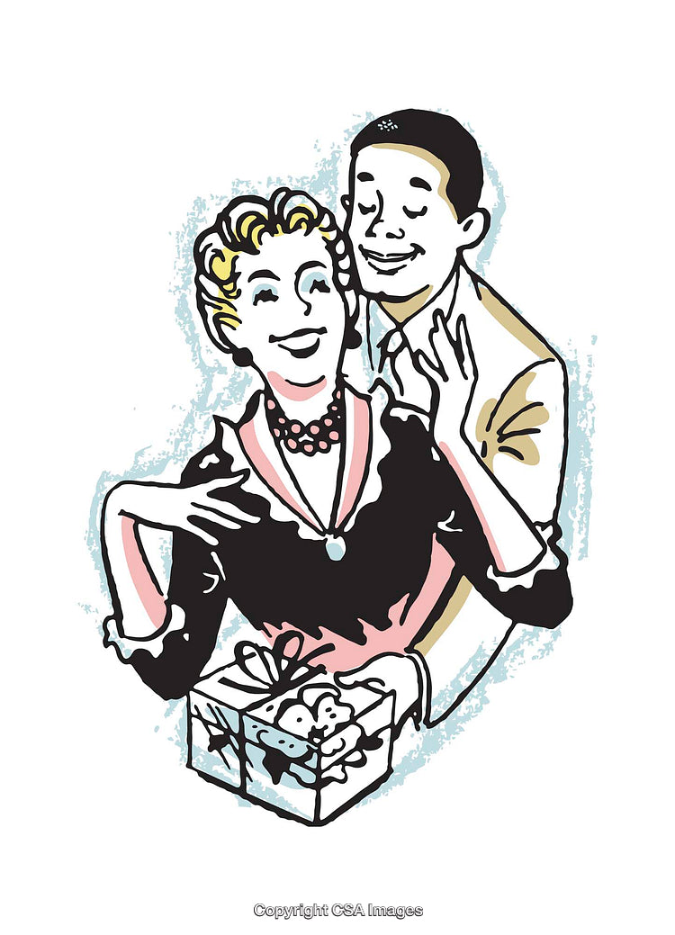 Retro Style Color Illustration of a Couple Sharing a Gift