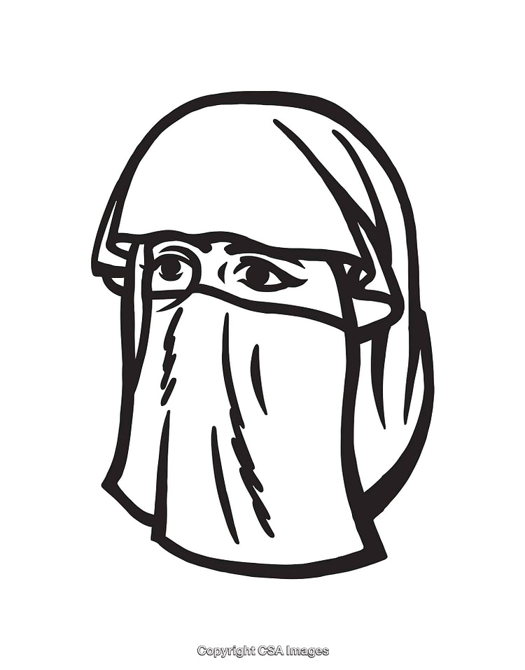 Black And White Line Art Illustration of Covered Woman with Expressive Eyes