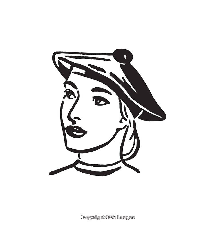 Elegant Black and White Line Art of a Woman Wearing a Beret