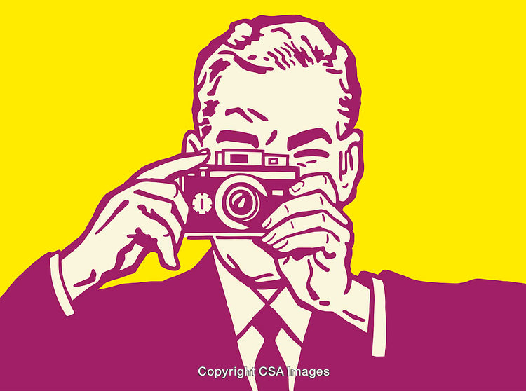 Retro Style Illustration of a Photographer Using a Vintage Camera