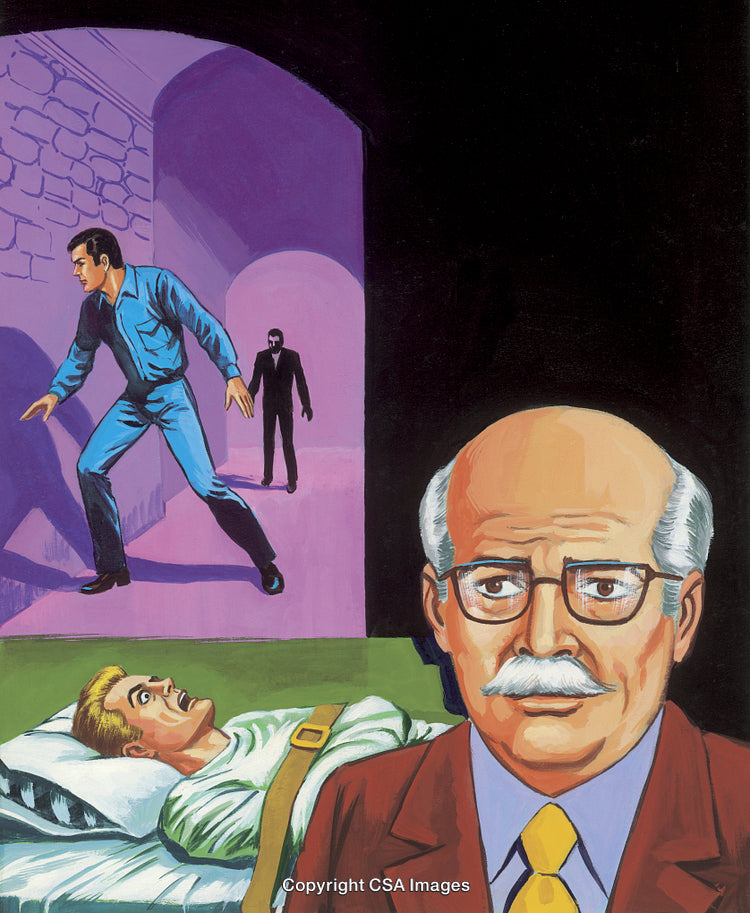 Surreal Illustration Depicting Characters in Tense Intrigue and Mystery