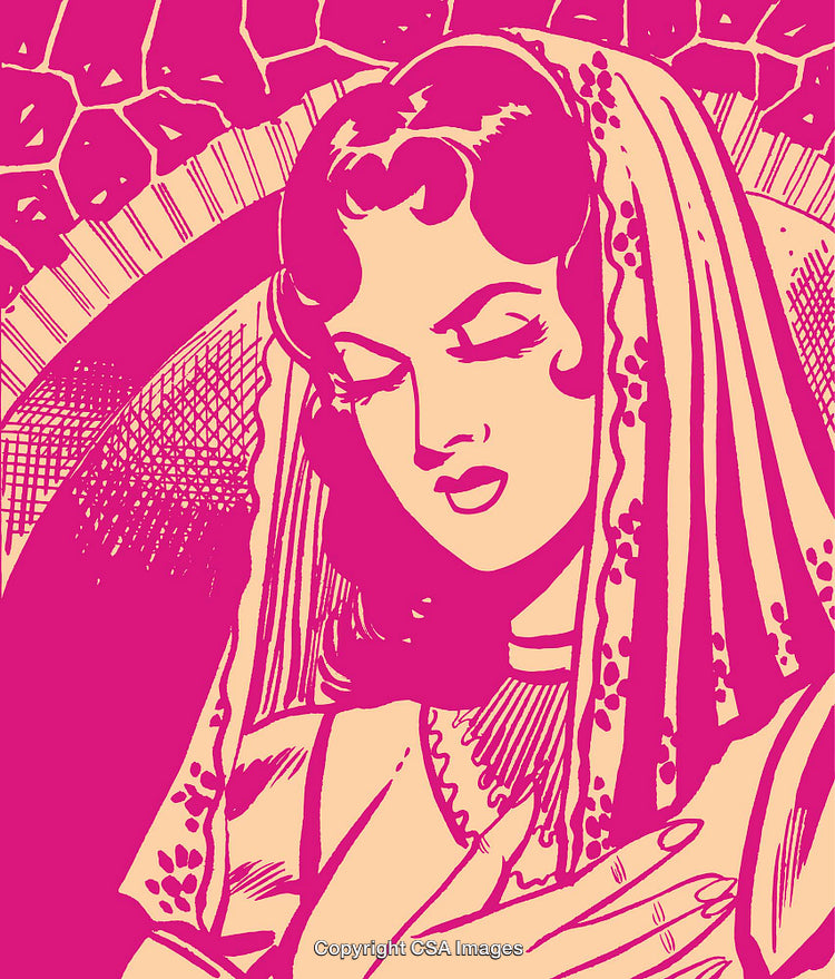 Elegant Vintage Illustration of Pensive Woman with Decorative Veil and Pattern