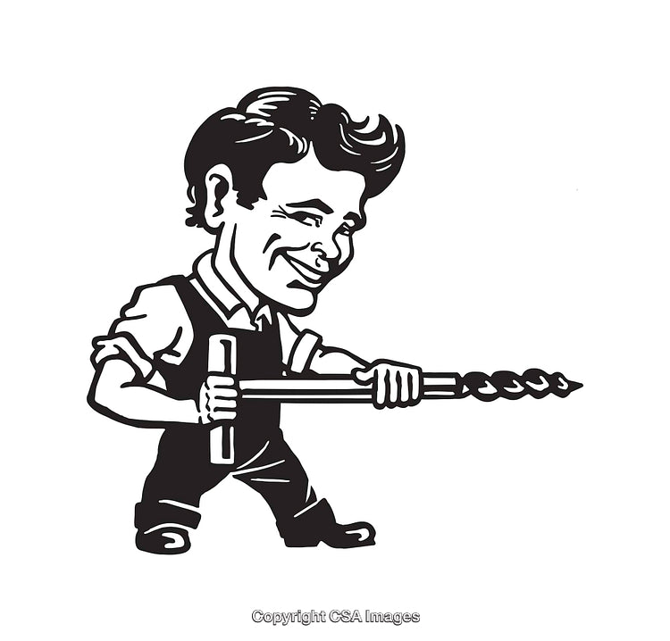 Retro-Style Black and White Illustration of a Worker with Tool