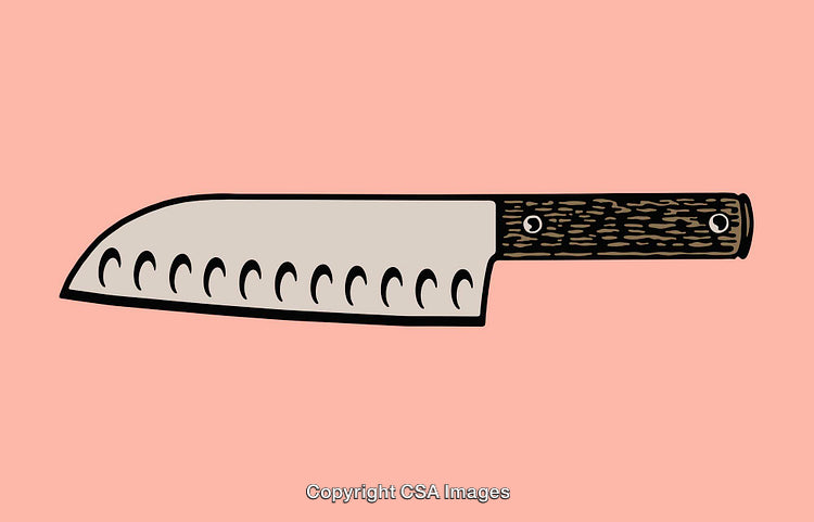 Illustrated Santoku Knife with Wood Handle on Pink Background