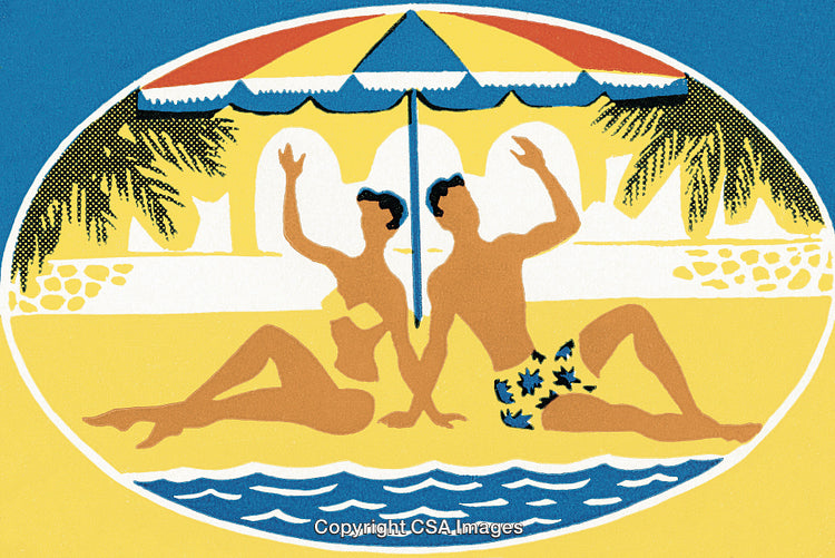 Retro Beach Illustration Featuring Relaxing Couple Under Colorful Umbrella