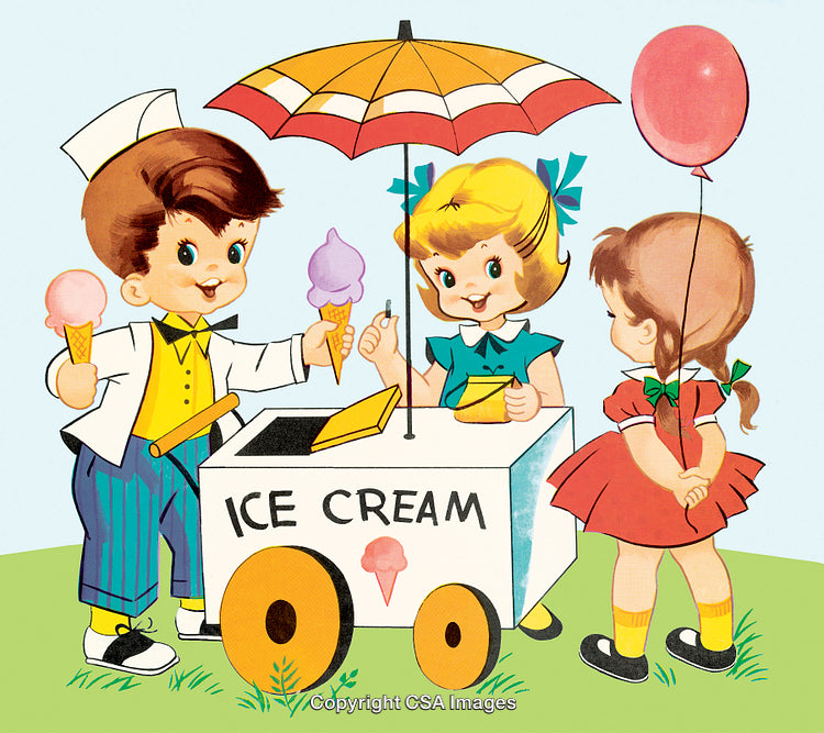 Vintage Illustration of Children Enjoying Ice Cream at a Cart Outdoors