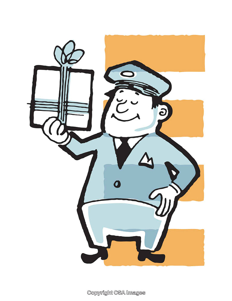 Cartoon Illustration of a Courier Holding a Wrapped Gift Box