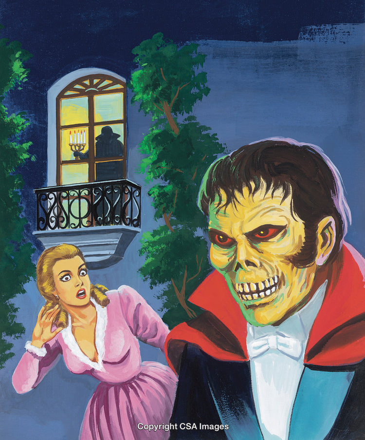 Colorful Vintage Horror Artwork Featuring Scared Woman and Male Vampire Figure