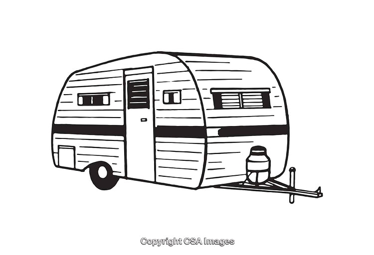 Black and White Line Art of a Retro Travel Camper Trailer