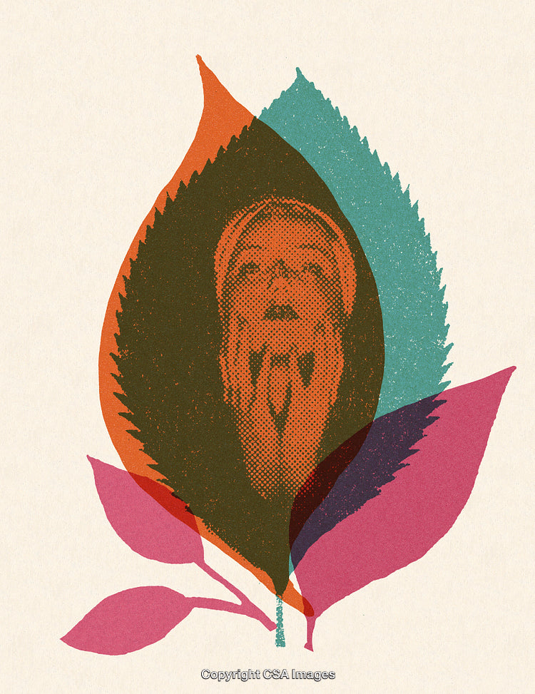 Colorful Artistic Graphic of Woman's Portrait Within Stylized Overlapping Leaves