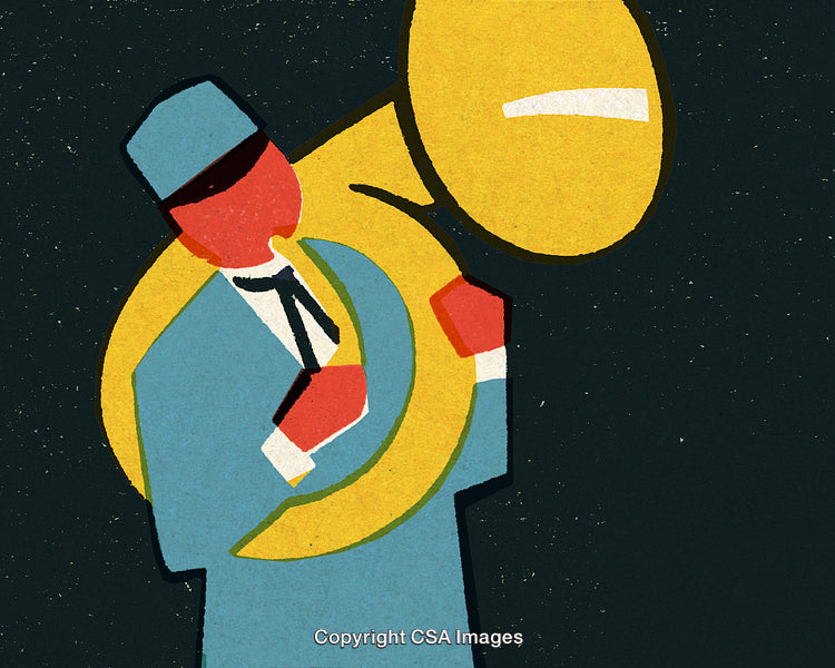 Colorful Illustration of a Musician Playing a Brass Tuba on a Dark Background