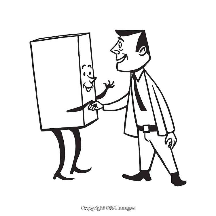 Businessman Shaking Hands with a Box Character in Black and White Line Art