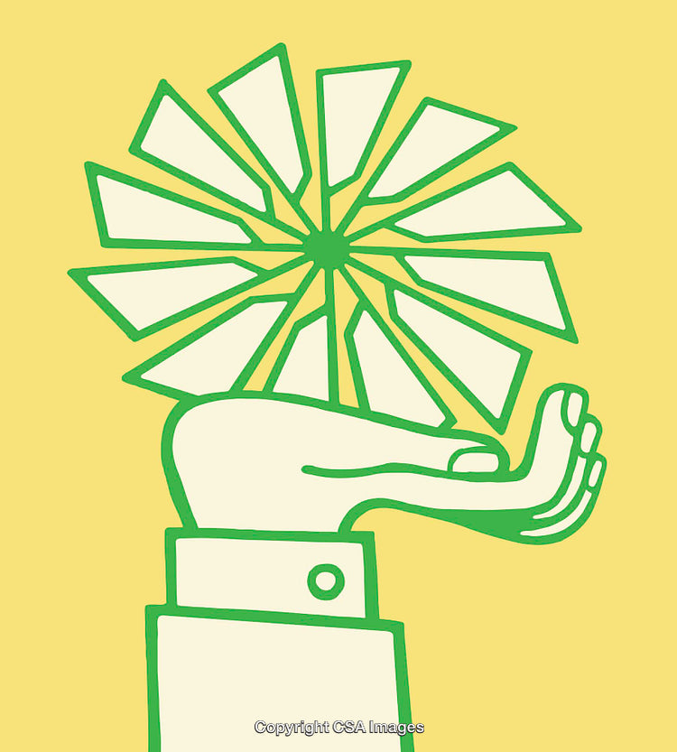 Green Line Art Illustration of a Hand Balancing Geometric Flower