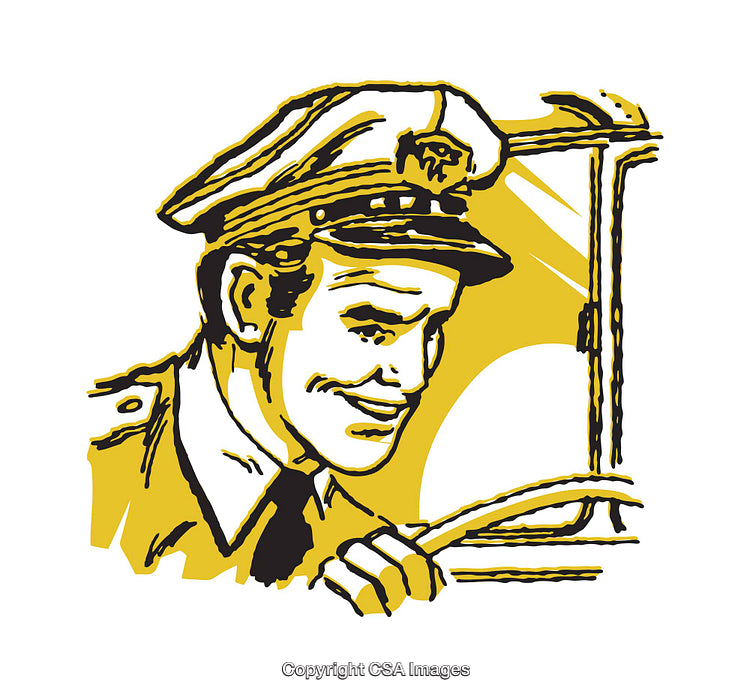 Retro Illustration of a Smiling Uniformed Driver at the Wheel