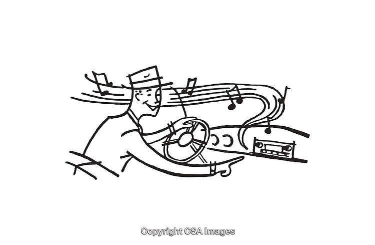 Black and White Drawing of a Happy Driver Listening to Music