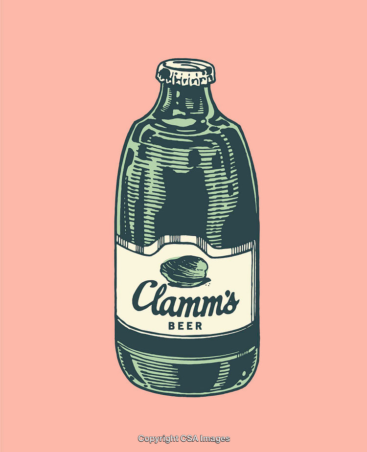 Vintage Style Line Art Beer Bottle Illustration on Pink Background
