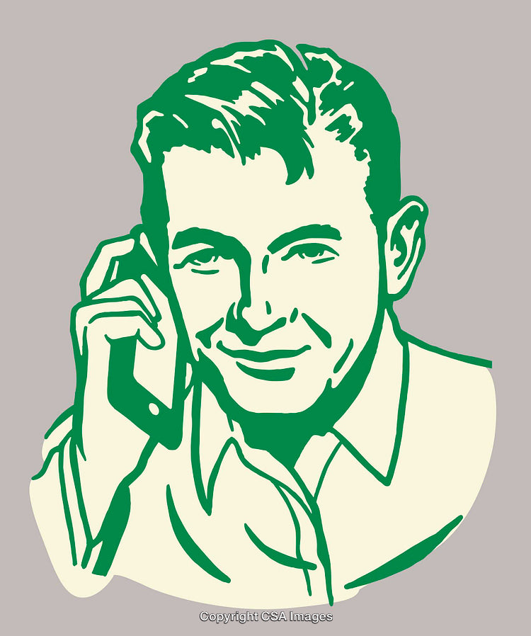 Retro Styled Line Art of Man Smiling Using a Phone