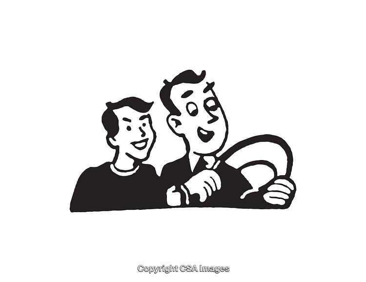 Black and White Illustration of a Smiling Man and Child Driving