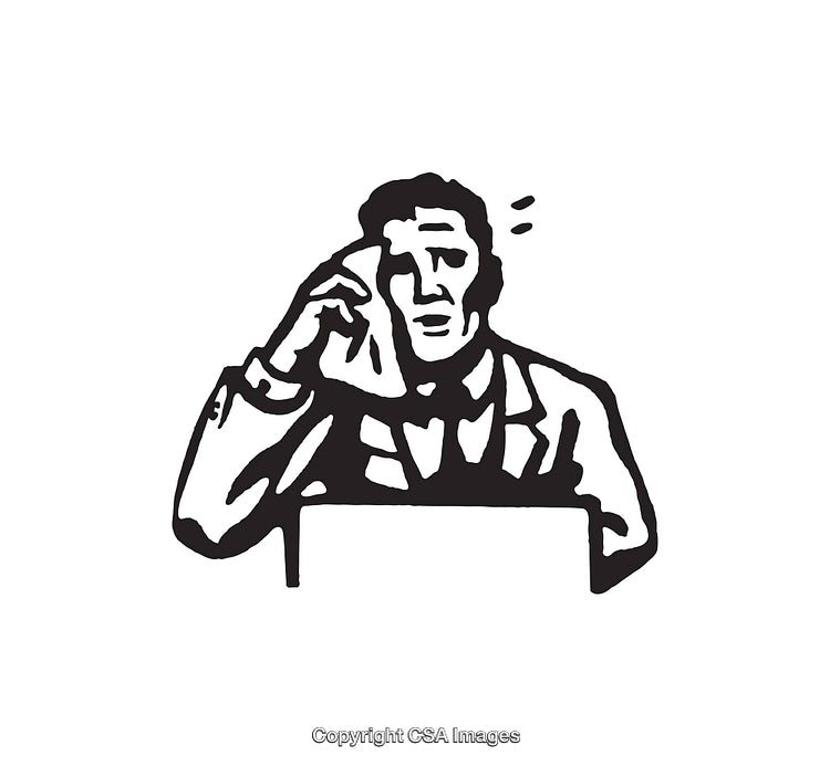 Black and White Illustration of a Stressed Businessman Wiping His Forehead