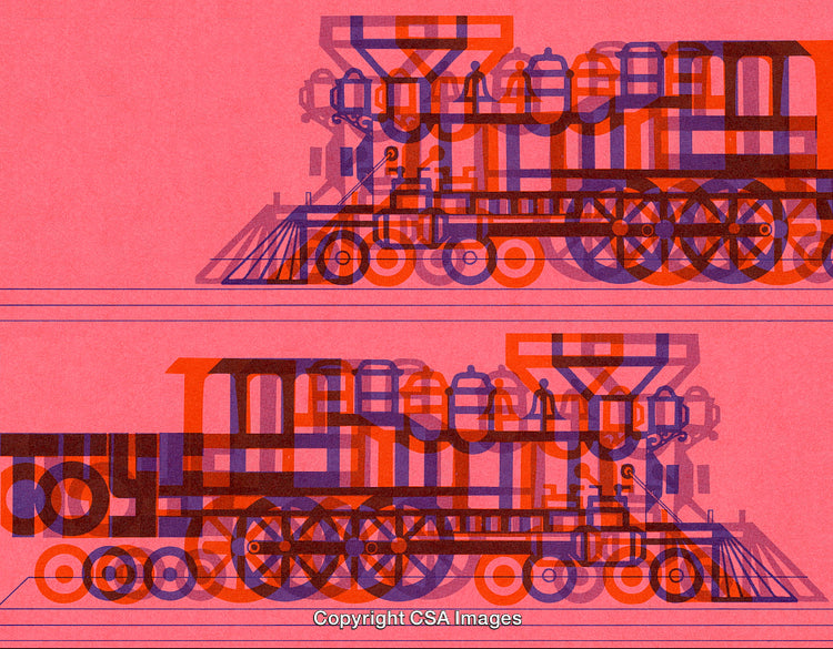 Colorful Geometric Train Illustration With Overlapping Symmetry on a Pink Background